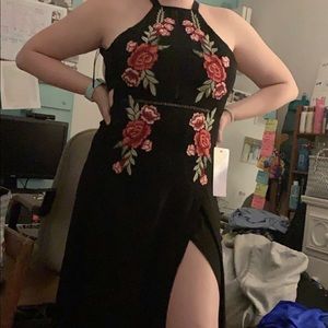 long black with red flowers dress